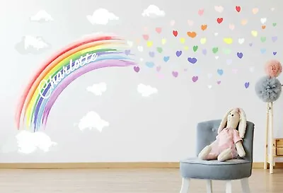PASTEL PERSONALISED WATERCOLOUR Rainbow Hearts Wall Sticker Decal Art Girls  • £0.99
