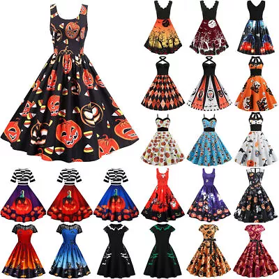 $27.09 • Buy Halloween Womens Vintage Swing Skater Pumpkin Dress Sleeveless Party Dresses