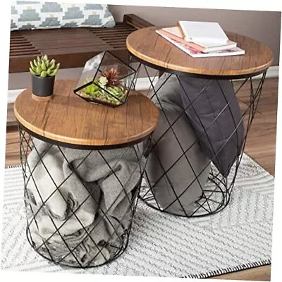  Nesting End Tables With Metal Basket Storage Set Of 2 Black • $180.96