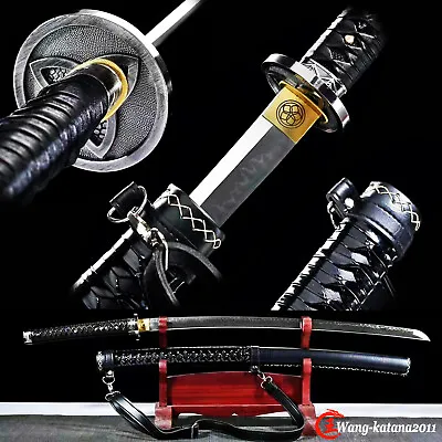 Black Leather Katana Clay Tempered T10 Japanese Samurai Sharp Sword With Straps • $134.99