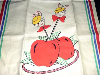 Vtg Linen Kitchen Tea Towel Embroidered Appliqued Apples Anthropomorphic 16x29 • $12