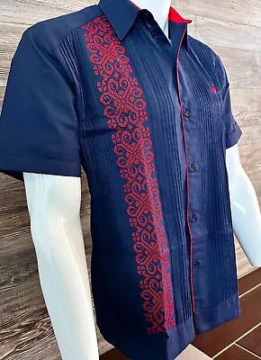 Men's Mexican Guayabera Shirt Navy Blue Short Sleeve Red Embroidery 100% Linen • $60