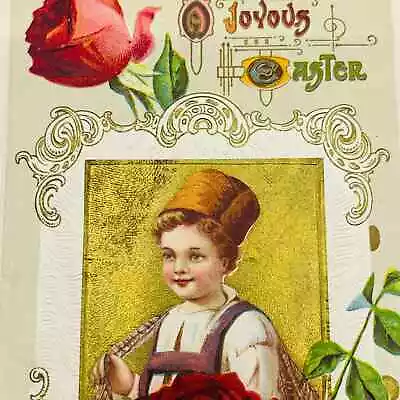 1910s Easter Post Card Embossed Dresden Little Boy Roses Art Deco Gilt PA5 • $8.50