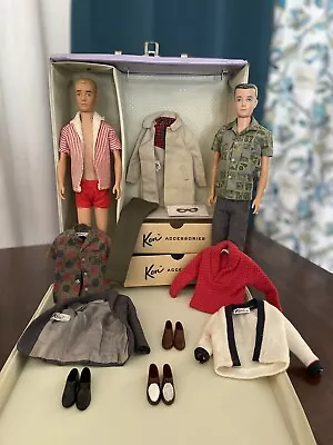 Vintage 60s Mattel Ken Dolls Blonde/Brunette W/ 1962 Lavender Case Clothes Accs. • $26.09