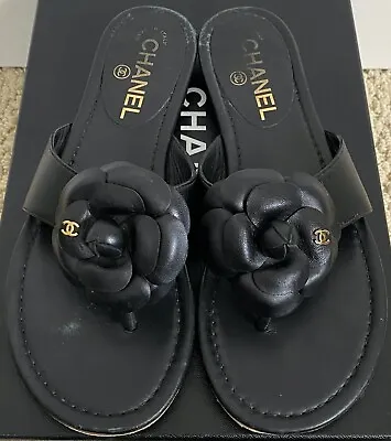 Chanel Camellia Flower CC Logo Black Leather Flip Flops Thong Sandals 38 8 $775 • £512.95