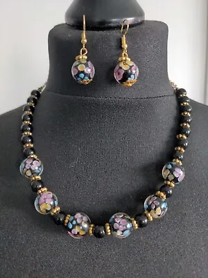 Necklace Dangle Earrings Set Black Multi Floral Murano Cased Glass 18” • £25