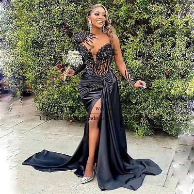 Black Mermaid Beaded Prom Dress Sexy Side Slit Long Formal Evening Party Dress • $178.80
