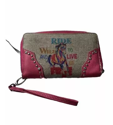 Mountain West Pink Horse Print Zip Around Cowgirl Burlap Vegan Leather Wallet • $14.99