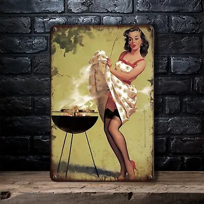 Vintage Barbeque Fanning Smoke - Gil Elvgren Collectible Metal Tin Sign Poster • $14.99
