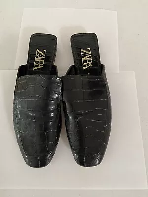 Zara Leather Shoes Mules Loafers Slides 37 Black Open Back • $15