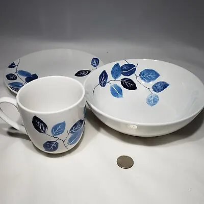 Set Of 3 MSE Martha Stewart Blue Leaf Stamp Mug Cereal Bowl Plate Discontinued • £20.85