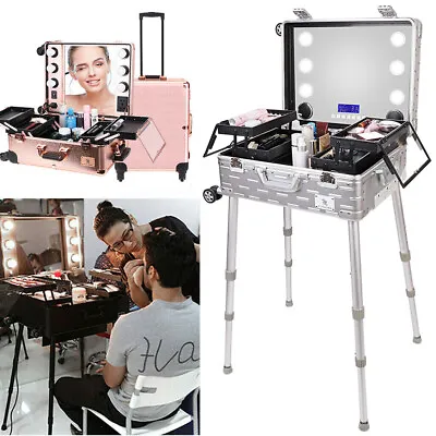 Studio Cosmetic Mirror Makeup Case Artist Barber Salon Travel Rolling Trolley UK • £239.99