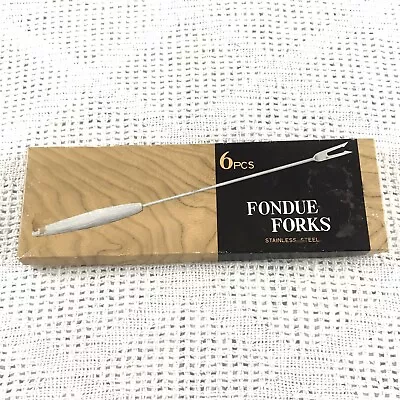 Vintage Fondue Forks 6pc Set Stainless Steel Japan Wooden Handles 10in W/Box • $15.95