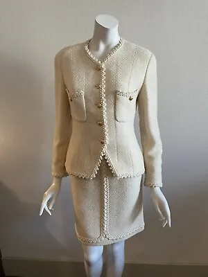 Chanel Vintage Cream Wool Tweed Skirt Suit Size 40 Skirt 38 • $4995