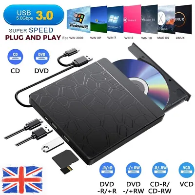 £21.99 • Buy External CD/DVD Drive Disk Player For USB 3.0 Laptop PC MacBook Windows Type-C