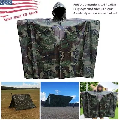 Military Woodland Ripstop Wet Weather Camo Raincoat Poncho For Camping Hiking • $29.98