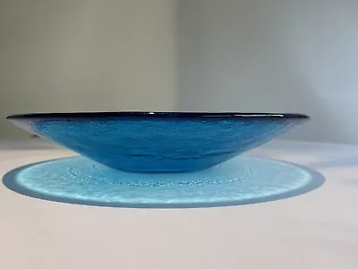 VINTAGE  BLENKO ART GLASS BLUE Hand Cast 664 Bowl 11 1/4  Diameter  Foil Label • $44.99