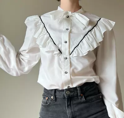 Vintage White Western Cowboy Cowgirl Cottagecore Ruffle Blouse Coquette Sz S/M • $18.99