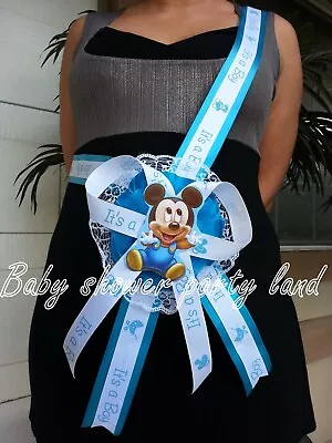 Baby Shower Mickey Mouse Mom To Be It's A Boy Sash Blue Ribbon With Corsage  • $16.99