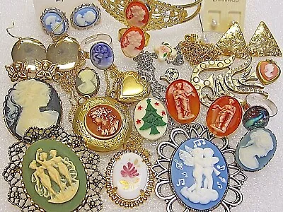 ALL Wear 22 Vtg Cameo Jewelry Lot Brooches Lockets Bracelet Earrings Necklaces M • $53.62