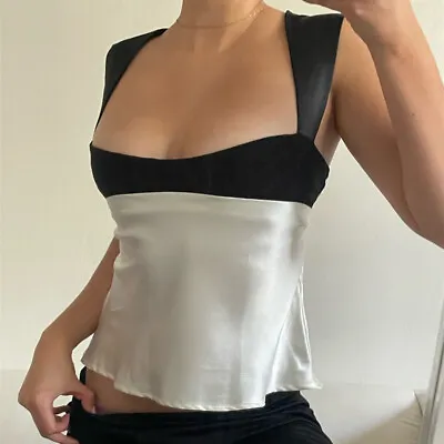 £11.99 • Buy Women Sexy Square Neck Cropped Tops Faux Satin Low Cut Sleeveless Skinny Vest