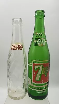 Vintage 7-UP 12 Oz Green Glass & 8 Oz PEPSI Clear Glass Soda Bottle • $5.70