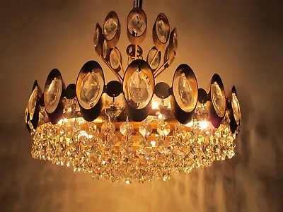 Antique Vintage Brass Crystals Chandelier Lighting French Light Fixtures 1960s • $349