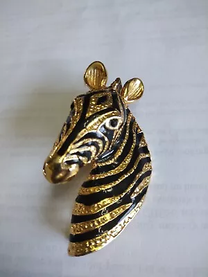 W) Vintage 80s-90s Large 3  Zebra Head Black Enamel Gold Plated Figural Brooch~ • $15