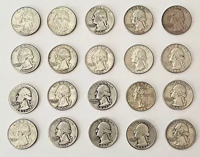 Lot Of 90% Silver Coins ~ 20 Washington Quarters ~ Various Dates • $95.95