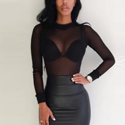 Sexy Women T Shirt See Through Transparent Mesh Tops Long Sleeve Sheer Slim • $12.99
