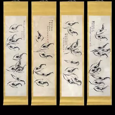 Four Qi Baishi Signed Chinese Hand Painted Calligraphy Scroll W/shrimp N17 • $299.99