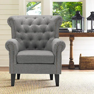 Chesterfield Wing Back Armchair Button Linen Queen Anne Fireside Lounge Chair • £199.95