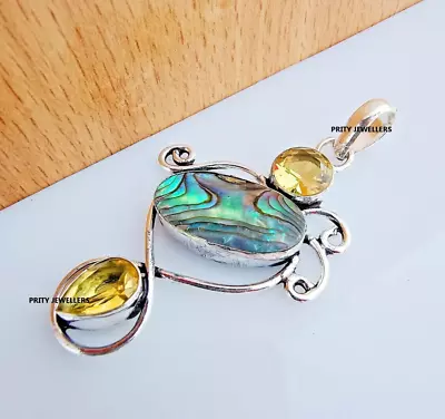 Beautiful Abalone With Lemon Quartz Silver Plated Handmade 2.75″ Inch Pendant • $14.82