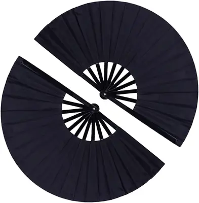 2 Pack Large Folding Hand Fan Nylon-Cloth Vintage Retro Fabric Fans  (Black) • $18.99