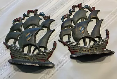 7  Cast Iron Nautical Coat Of Arms Sailing Ship Pirate Pair Bookends Vtg • $18