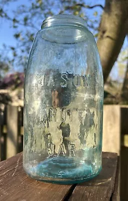 Rare Quart Blue Fruit Jar Embossed “Mason’s Fruit Jar”. • $10.51