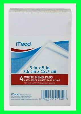 Mead MEMO PAD 4 Pack 3  X 5  White Scratch 50 Sheets Each Dispenser Type PAPER • $7.48