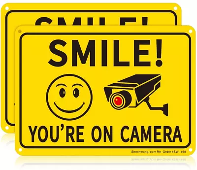 2 Pack Smile You’re On Camera Sign Video Surveillance Signs Outdoor 10 X 7 In • $11.49