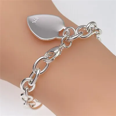 925 Sterling Silver Charm Heart Bracelet Bangle Womens Silver Bracelet Jewellery • £3.49