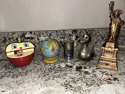 Lot Of 5 Vintage Coin Banks - Apple Bank W/Worm Globe Bank PBR Can Duck Etc. • $10