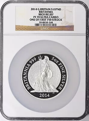 G.Britain 2014 Silver £10 Britannia High Relief 5oz NGC PF70 UC 1 Of First 750 • $1445