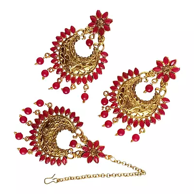 New  Bridal Maang Tikka Earrings Pearl Kundan Bollywood Gold Tone Indian Jewelry • $21.93