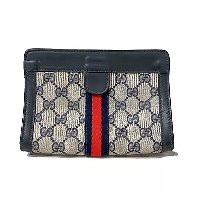 Vintage Gucci Pouch Purse Mini Clutch Bag Sherry Line PVC Navy Authentic • $170