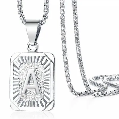 $7.99 • Buy White Gold Initial Letter A-Z Pendant Necklace 18-24  Stainless Steel Box Chain