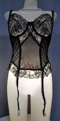 VTG Victoria's Secret Satin Lace Merrywidow  W/Garters Sz 36 Gold Union Tag 70's • $65