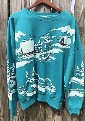 Vintage Unisex One Size Teal Crewneck Sweatshirt W All Over Print Snow Puffy • $39.99
