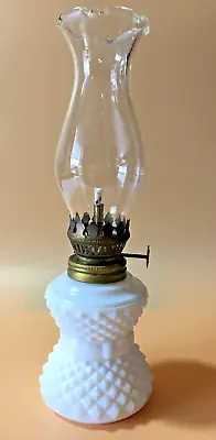 Vtg. Milk Glass Sawtooth & Ribbon Mini Oil Lamp Clear Ruffled Chimney 8 1/2  • $35