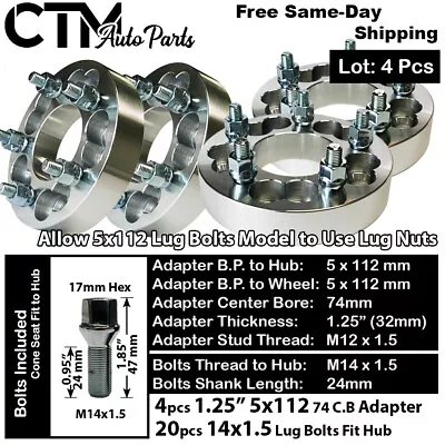 4Pc 1.25  THICK 5x112mm WHEEL SPACER ADAPTER KIT CONVERT MERCEDES BOLT TO NUT • $96.59