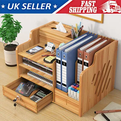 Wooden Office Desk File Cabinet Multi Layered Desktop Storage Box Organizer UK • £15.89