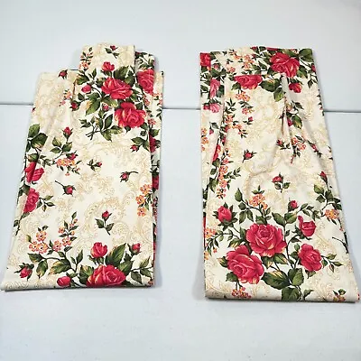 Vintage Bibb Curtain Panel Drapery Pair Pinch Pleat Red Roses Prest Usa Mcm • $70